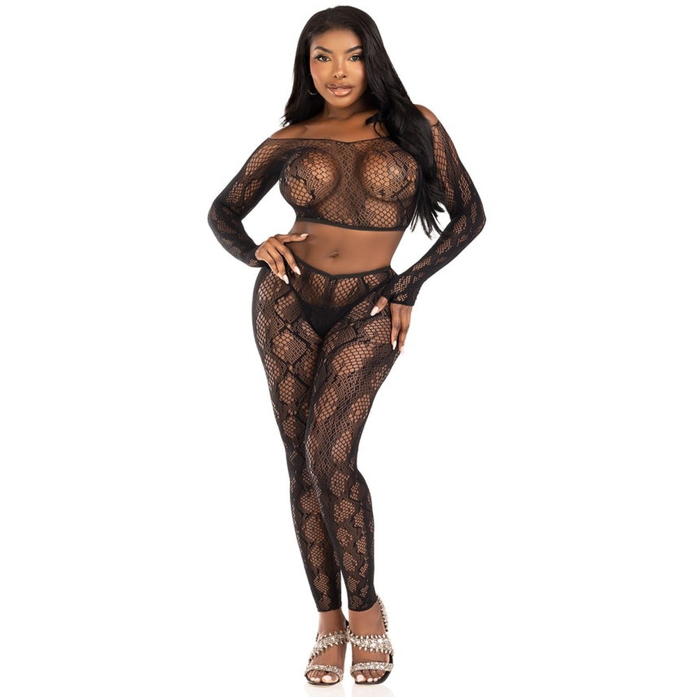 Leg Avenue - Python Crop Top and Footless Tights Dessous Set - Schwarz